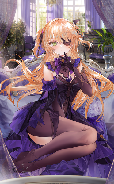 Anime picture 1502x2424 with genshin impact fischl (genshin impact) utsuhostoria single long hair tall image looking at viewer fringe light erotic blonde hair sitting green eyes signed indoors two side up girl gloves plant (plants) pantyhose black gloves