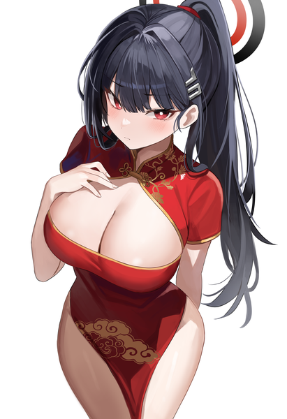 Anime picture 3467x5067 with blue archive rio (blue archive) nannung single long hair tall image looking at viewer blush fringe highres breasts light erotic simple background hair between eyes red eyes large breasts standing white background payot absurdres
