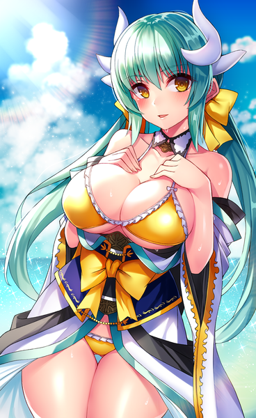 Anime picture 1197x1948 with fate (series) fate/grand order kiyohime (fate) kiyohime (swimsuit lancer) (fate) syow (syoutamho) single long hair tall image looking at viewer blush fringe breasts open mouth light erotic hair between eyes large breasts standing bare shoulders yellow eyes payot