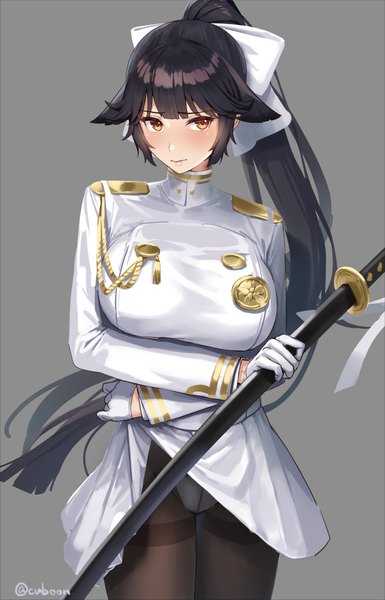 Anime picture 702x1094 with azur lane takao (azur lane) mismi single long hair tall image looking at viewer blush fringe breasts light erotic black hair simple background large breasts holding brown eyes signed animal ears ponytail long sleeves
