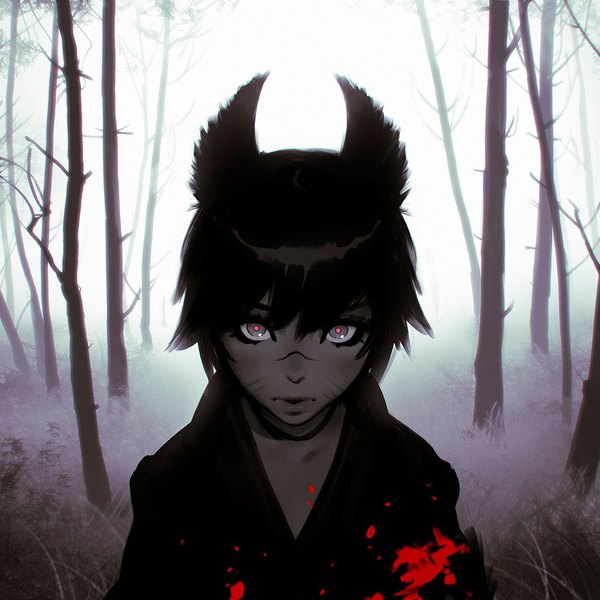 Anime picture 1080x1080 with original ilya kuvshinov single looking at viewer short hair black hair animal ears upper body outdoors black eyes wolf ears bare tree girl plant (plants) tree (trees) blood forest