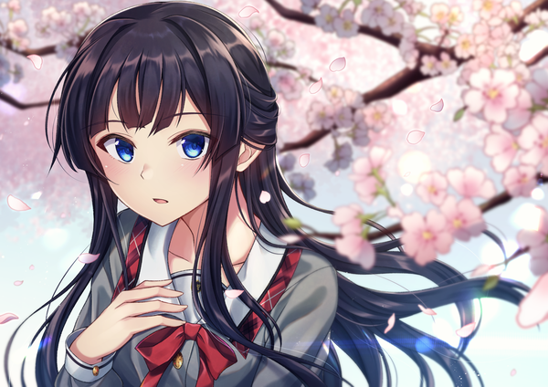 Anime picture 2083x1474 with idolmaster idolmaster million live! idolmaster million live! theater days mogami shizuka kurousagi yuu single long hair looking at viewer blush fringe highres open mouth blue eyes black hair payot upper body outdoors wind depth of field cherry blossoms