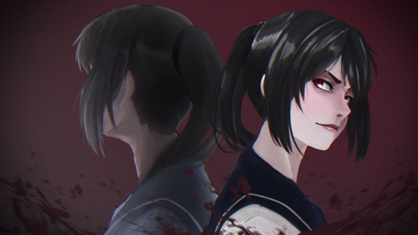 Anime picture 6214x3495 with yandere simulator yandere-chan shyua long hair fringe highres black hair simple background red eyes wide image multiple girls looking away absurdres upper body ponytail light smile lips gradient background portrait dark background