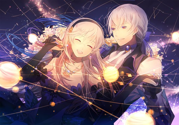 Anime picture 1714x1200 with fire emblem fire emblem fates corrin (fire emblem) corrin (female) (fire emblem) joker (fire emblem if) jakob (fire emblem) kariya (artist) long hair highres open mouth purple eyes blue hair cleavage eyes closed grey hair holding hands gradient hair constellation girl boy