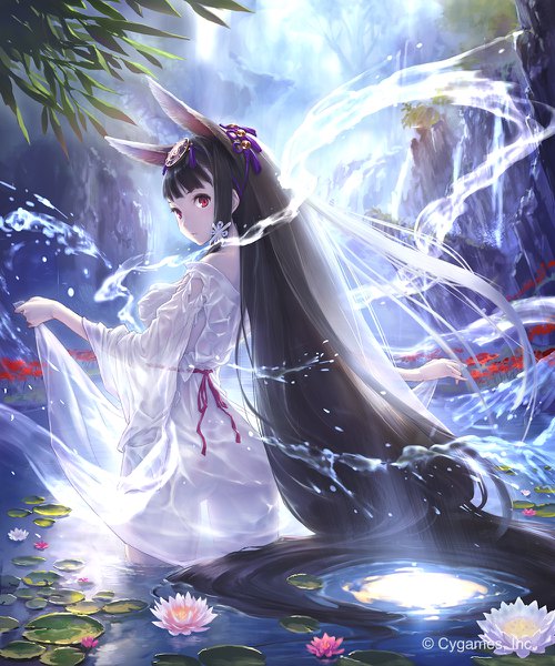 Anime picture 1000x1200 with original hisakata souji single tall image fringe breasts light erotic black hair red eyes standing animal ears payot outdoors very long hair looking back wet clothes rock waterfall girl hair ornament