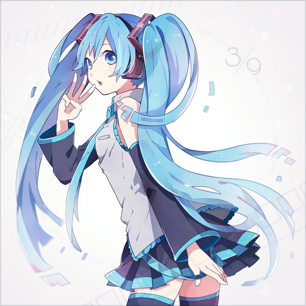 Anime picture 1039x1039 with vocaloid hatsune miku tama (songe) long hair looking at viewer open mouth blue eyes simple background white background twintails bare shoulders blue hair looking back 39 girl detached sleeves headphones