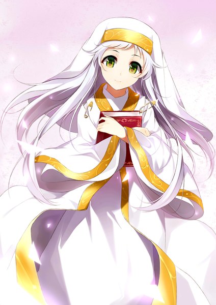 Anime picture 778x1100 with to aru majutsu no index j.c. staff index animetta single long hair tall image looking at viewer smile green eyes white hair wide sleeves nun girl book (books) safety pin