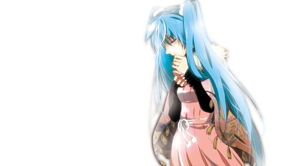 Anime picture 1600x900 with vocaloid hatsune miku marirero a single long hair simple background wide image white background blue hair eyes closed girl dress