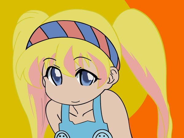 Anime picture 1600x1200 with pani poni dash! rebecca miyamoto single looking at viewer blue eyes blonde hair smile twintails alternate hairstyle vector orange background girl hairband overalls