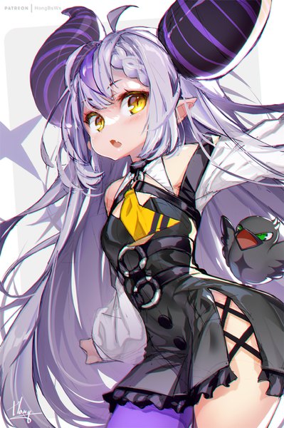 Anime picture 665x1000 with virtual youtuber hololive la+ darknesss la+ darknesss (1st costume) crow (la+ darknesss) hong (white spider) single long hair tall image open mouth signed yellow eyes silver hair ahoge multicolored hair horn (horns) pointy ears streaked hair slit pupils girl