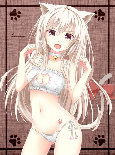 Anime picture 750x1006 with original nekomimi bw single long hair tall image looking at viewer fringe breasts open mouth light erotic blonde hair smile hair between eyes brown eyes animal ears tail cat ears tattoo underwear only ass visible through thighs