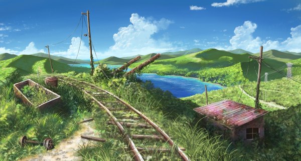 Anime picture 1200x643 with original monorisu wide image sky cloud (clouds) no people landscape lake plant (plants) grass wire (wires) power lines railways