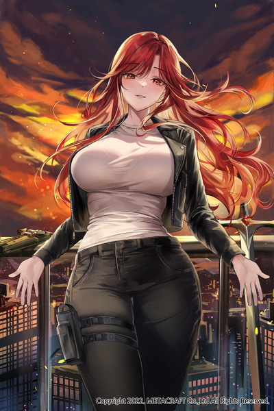 Anime picture 2000x3000 with original lillly single long hair tall image looking at viewer fringe highres breasts smile hair between eyes red eyes large breasts standing sky cloud (clouds) outdoors red hair long sleeves parted lips