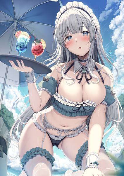 Anime picture 3035x4299 with original tomoo (tomo) single long hair tall image looking at viewer blush fringe highres breasts open mouth blue eyes light erotic large breasts holding absurdres sky cloud (clouds) bent knee (knees) outdoors