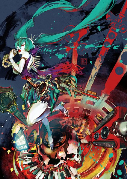 Anime picture 707x1000 with vocaloid hatsune miku paparaya (pixiv) tall image open mouth red eyes twintails very long hair green hair torn clothes leg lift (legs lift) skeleton singing bone (bones) girl microphone skull splashes speakers keys