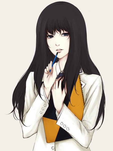 Anime picture 1136x1514 with kara no shoujo innocent grey kuchiki toko tagme (artist) single long hair tall image looking at viewer black hair holding grey background grey eyes girl shirt pencil sketchbook