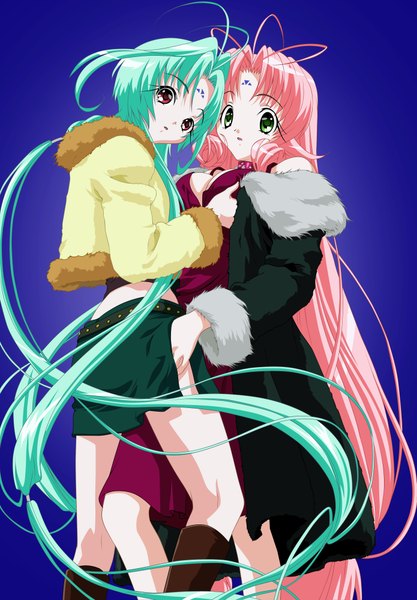 Anime picture 2779x4000 with dears long hair tall image highres light erotic simple background red eyes multiple girls green eyes pink hair ahoge green hair shoujo ai girl 2 girls