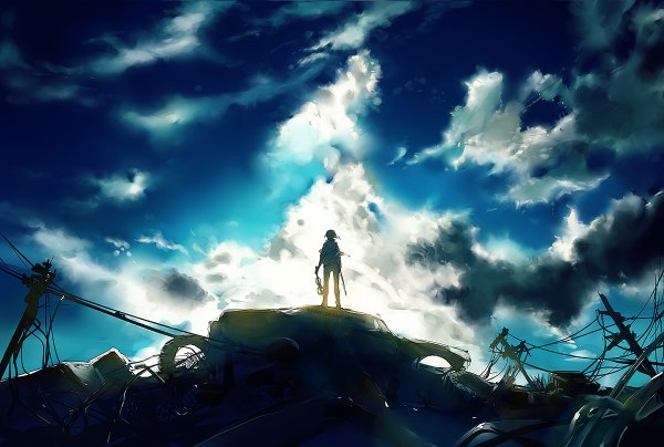 Anime picture 1200x808 with original yuumei single short hair standing sky cloud (clouds) sunlight destruction morning sunrise ground vehicle sun wire (wires) car power lines violin trash can