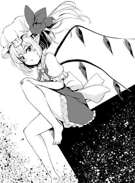 Anime picture 1512x2048 with touhou flandre scarlet suzune kou single tall image looking at viewer blush short hair white background sitting payot barefoot pointy ears short sleeves dutch angle puffy sleeves one side up monochrome frilled dress girl