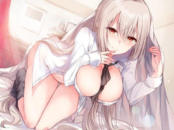 Anime picture 1400x1049 with original kinona (kino10) single long hair looking at viewer blush fringe breasts light erotic blonde hair hair between eyes red eyes large breasts payot cleavage bent knee (knees) indoors light smile sunlight open shirt