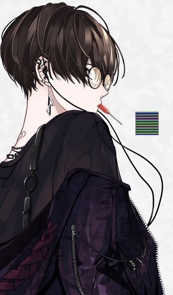 Anime picture 1206x2048 with original seniori single tall image short hair simple background brown hair holding upper body profile from behind off shoulder piercing mouth hold ear piercing boy earrings glasses food sweets