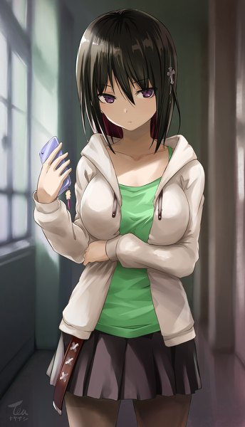 Anime picture 688x1200 with original tea (nakenashi) single long hair tall image looking at viewer fringe breasts black hair hair between eyes large breasts standing purple eyes holding signed indoors pleated skirt arm up sunlight blurry
