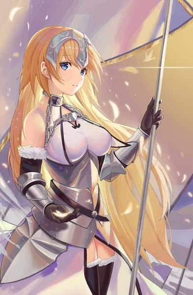 Anime picture 1300x1984 with fate (series) fate/grand order jeanne d'arc (fate) (all) jeanne d'arc (fate) loading (vkjim0610) single long hair tall image looking at viewer fringe breasts blue eyes blonde hair hair between eyes large breasts standing bare shoulders holding parted lips fur trim
