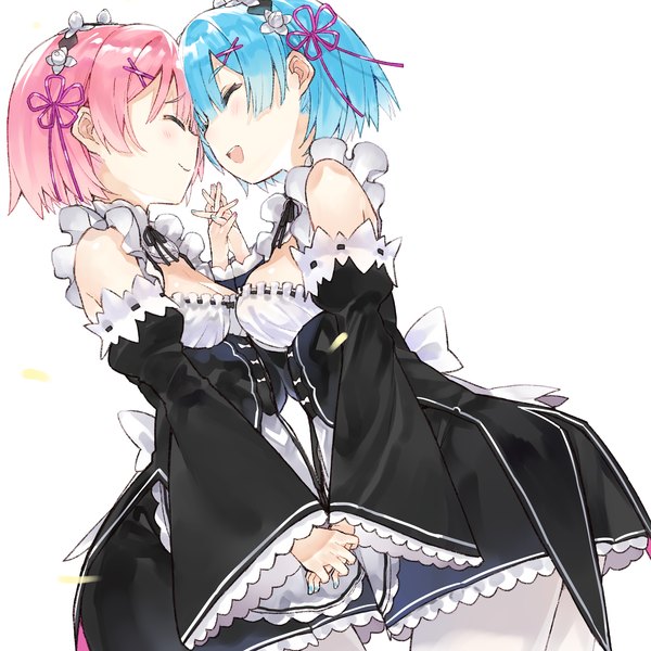 Anime picture 5000x5000 with re:zero kara hajimeru isekai seikatsu white fox rem (re:zero) ram (re:zero) kou mashiro blush fringe highres short hair breasts simple background smile hair between eyes white background multiple girls blue hair pink hair absurdres cleavage eyes closed