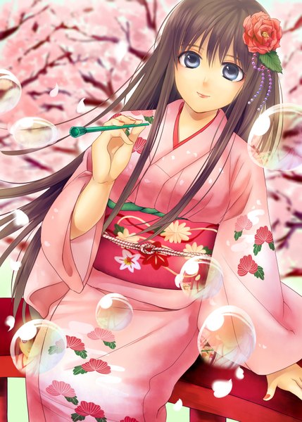 Anime picture 1300x1819 with original hitomi (ricca) single long hair tall image blue eyes black hair sitting japanese clothes hair flower light smile cherry blossoms girl hair ornament plant (plants) petals tree (trees) belt kimono bubble (bubbles)