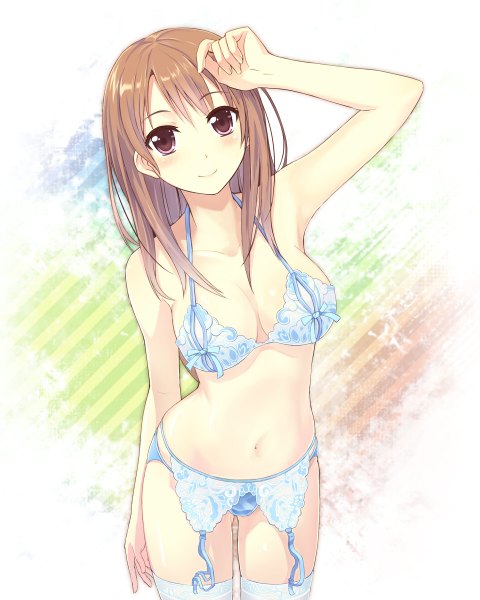 Anime picture 960x1200 with original orda single long hair tall image looking at viewer blush breasts light erotic smile brown hair bare shoulders brown eyes bare belly underwear only hand on head girl navel underwear panties