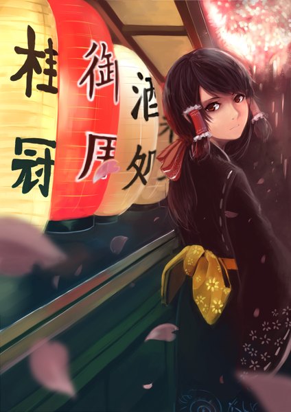 Anime picture 2480x3507 with touhou hakurei reimu sola7764 single long hair tall image highres black hair red eyes absurdres japanese clothes looking back inscription depth of field cherry blossoms hieroglyph alternate hairstyle fireworks girl ribbon (ribbons)