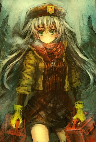 Anime picture 1000x1480 with original lm7 (op-center) single long hair tall image looking at viewer green eyes white hair girl gloves jacket scarf sweater bag cap