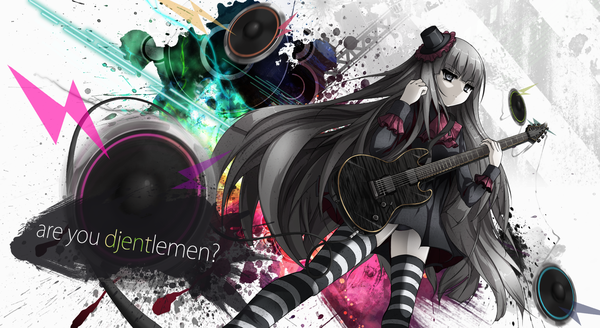 Anime picture 1970x1080 with original riburanomind single long hair highres wide image grey hair inscription grey eyes girl thighhighs dress hat striped thighhighs guitar mini hat mini top hat electric guitar