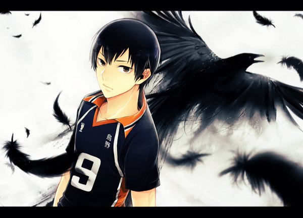 Anime picture 1800x1296 with haikyuu!! production i.g kageyama tobio heine (pixiv829991) single looking at viewer fringe highres short hair black hair simple background from above black eyes letterboxed boy uniform animal bird (birds) feather (feathers) gym uniform