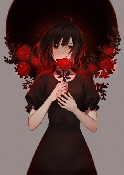Anime picture 1250x1767 with original e7 (runaway162) single tall image looking at viewer fringe short hair hair between eyes brown hair standing holding brown eyes ahoge grey background puffy sleeves covered mouth girl dress flower (flowers) black dress