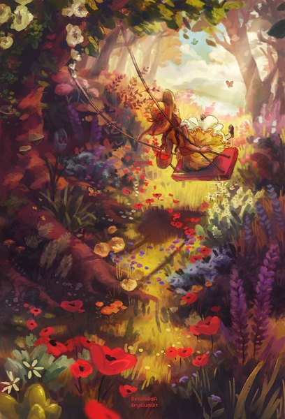 Anime picture 680x1000 with original reluin single long hair tall image sitting sky cloud (clouds) braid (braids) from behind sunlight twin braids back happy girl dress flower (flowers) ribbon (ribbons) plant (plants) hat