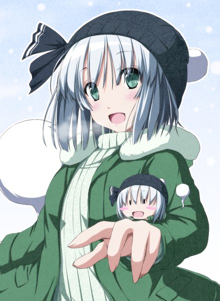 Anime picture 1393x1906 with touhou konpaku youmu myon nori tamago tall image looking at viewer open mouth smile multiple girls green eyes silver hair long sleeves open clothes open jacket alternate costume fur trim snowing chibi exhalation dual persona