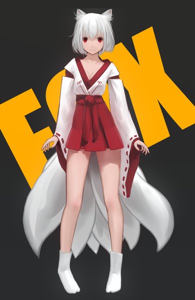 Anime picture 2400x3700 with original maredoro single tall image looking at viewer fringe highres short hair red eyes animal ears white hair tail traditional clothes animal tail inscription legs fox ears fox tail miko multiple tails