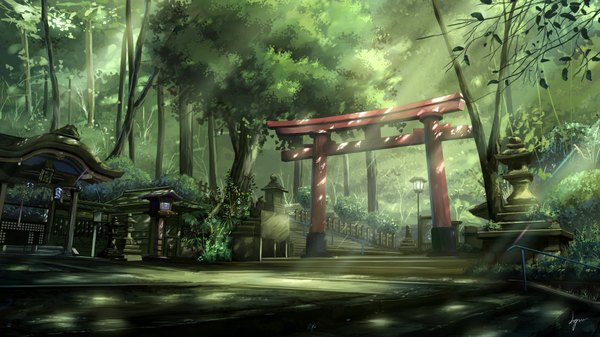 Anime picture 1920x1080 with original niko p highres wide image signed no people landscape scenic plant (plants) tree (trees) forest torii statue shrine