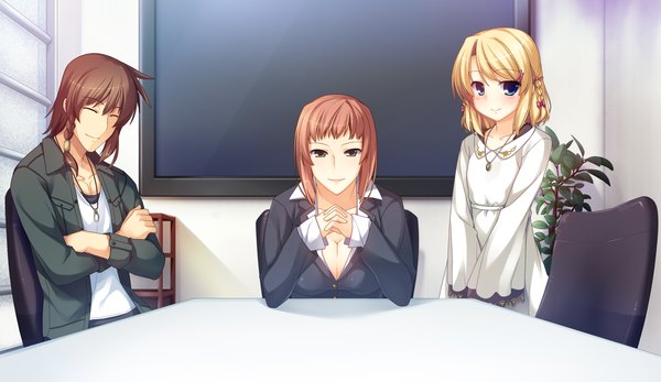 Anime picture 2660x1540 with sinclient charlotte cleveland misono kyou reesaa blush highres short hair blue eyes blonde hair smile brown hair wide image multiple girls game cg eyes closed girl boy 2 girls