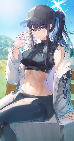 Anime picture 888x1698 with blue archive saori (blue archive) wakum single long hair tall image looking at viewer fringe breasts black hair hair between eyes sitting bare shoulders holding payot sky outdoors ponytail black eyes off shoulder
