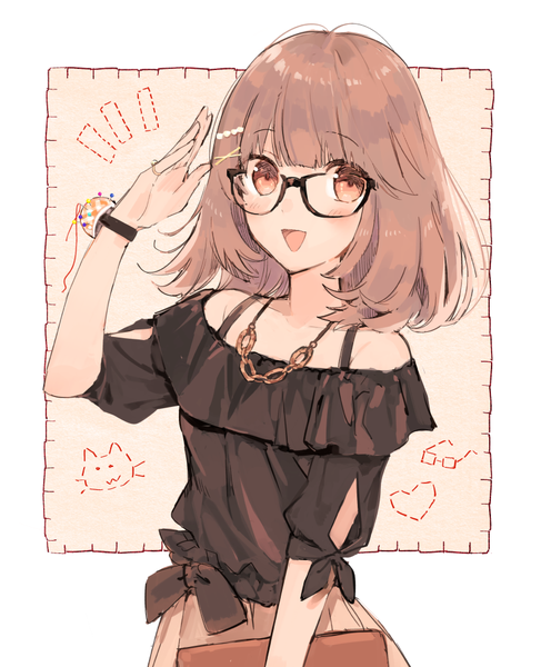 Anime picture 811x1000 with original horiizumi inko single long hair tall image looking at viewer fringe open mouth smile brown hair bare shoulders brown eyes upper body blunt bangs outside border salute girl hair ornament glasses jewelry