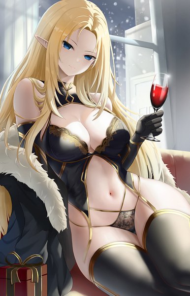 Anime-Bild 700x1089 mit kage no jitsuryokusha ni naritakute! alpha (kage no jitsuryokusha ni naritakute!) cyicheng single long hair tall image looking at viewer breasts blue eyes light erotic blonde hair smile large breasts holding cleavage indoors head tilt pointy ears fur trim thighs