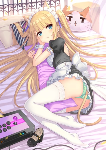 Anime picture 1274x1800 with original hajime kaname single long hair tall image looking at viewer blush fringe blue eyes light erotic blonde hair animal ears payot bent knee (knees) ass indoors tail lying blunt bangs animal tail
