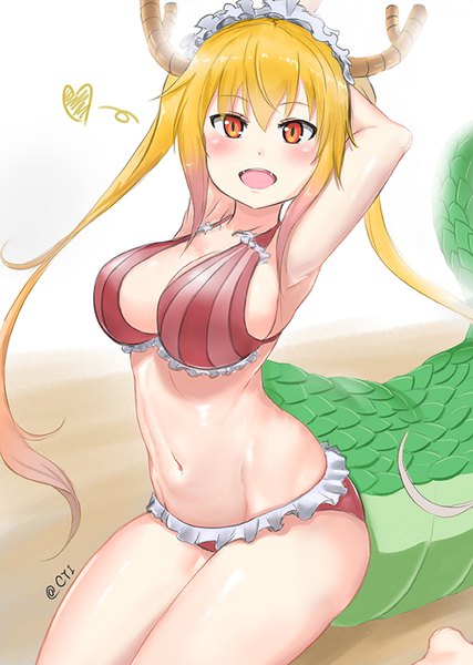 Anime picture 600x842 with kobayashi-san chi no maidragon kyoto animation tooru (maidragon) cyicheng single long hair tall image looking at viewer blush fringe breasts open mouth light erotic blonde hair hair between eyes large breasts white background sitting twintails bare shoulders