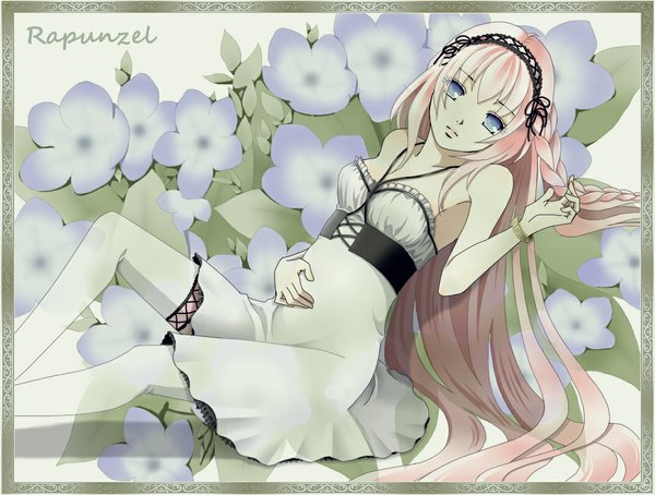 Anime picture 1070x810 with rapunzel (grimm) rapunzel single long hair bare shoulders pink hair aqua eyes girl thighhighs dress flower (flowers) white thighhighs bracelet hairband sundress