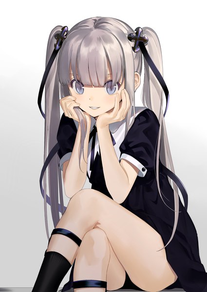 Anime picture 2149x3035 with original urata asao single long hair tall image looking at viewer fringe highres light erotic smile sitting twintails silver hair blunt bangs short sleeves grey eyes grin crossed legs gradient background chin rest