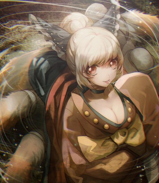 Anime picture 887x1024 with touhou kurodani yamame no-kan single tall image fringe short hair light erotic blonde hair red eyes payot cleavage blunt bangs traditional clothes japanese clothes from above hair bun (hair buns) saliva monster girl girl