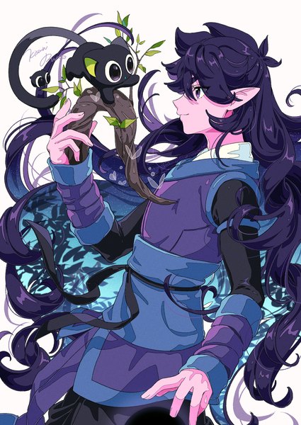Anime picture 2508x3541 with the legend of luo xiaohei luo xiaohei heixiu fengxi (the legend of luoxiaohei) kisumi rei single long hair tall image highres smile purple eyes signed looking away purple hair profile pointy ears boy animal cat