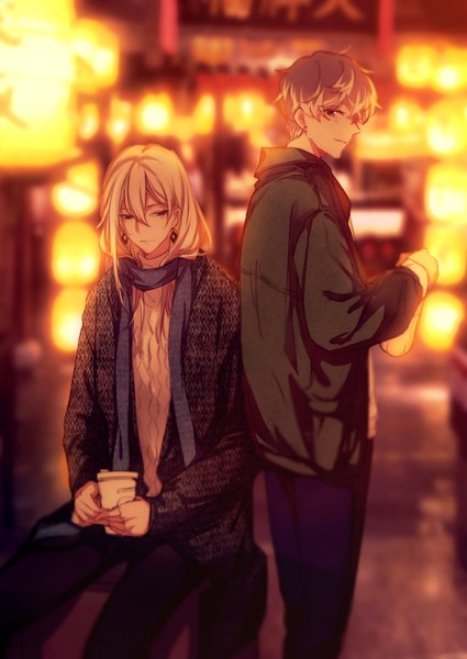 Anime picture 567x800 with idolish 7 yukito orikasa sunohara momose shenhaishuli long hair tall image looking at viewer blush fringe short hair hair between eyes standing sitting holding brown eyes looking away outdoors white hair profile multicolored hair